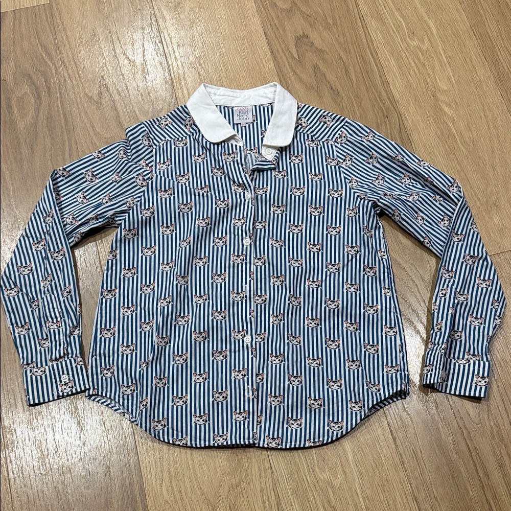 Little Karl Marc John Blue Striped Cat Graphic Button Down Shirt Size 10